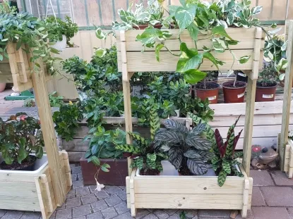 אדנית עץ 60 סמ בשתי קומות עם עציצי פוטוס מגוון בקומה העליונה ומיני קלטאה בקומה התחתונה